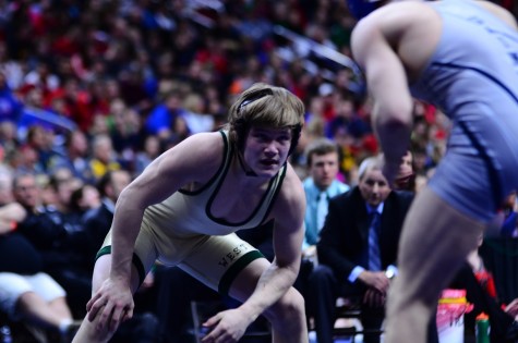 Nelson Brands `18 wrestles Clint Lembeck `16 of Cedar Rapids Xavier in the 3A 138 pound finals matchi n the 2016 State Tournament in Des Moines.