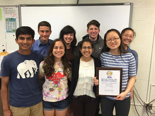 Pictured left to right (front row): Michael Moonjely, Nina Elkadi, Simran Sarin, Eugenia Chen, (back row) Shawn Thacker, Kelsey Kerenan, Aaron Carter, Sharon Xiang