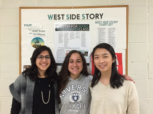 Pictured left to right: Design Co-editor Simran Sarin 17, News Editor Nina Elkadi 18 and Designer Catherine Ju 18.