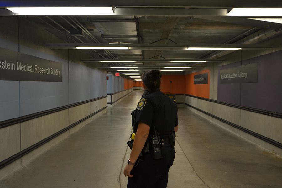 Underground at the Carver College of Medicine, Officer Tristian investigates the source of multiple Code Blue Phone alerts.