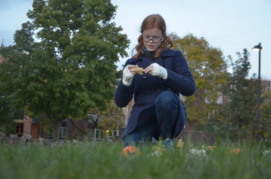 Emma Gibson '20 reassembles light decorations.