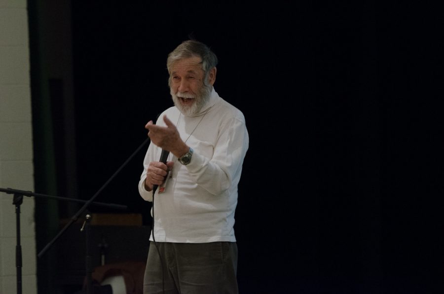 Holocaust survivor, Gideon Frieder speaks to students in the Little Theatre.