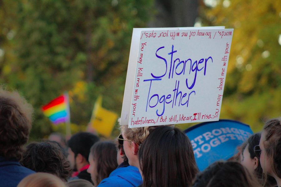 A poster displaying Stronger Together. 