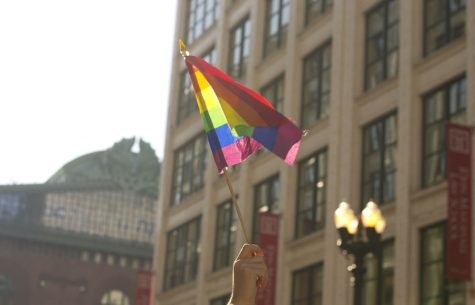 A protester waves a flag symbolizing LGBTQ support during the Womens March on Chicago.