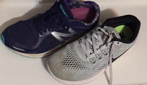 Two different types of running shoes, one Nike and one New Balance, are shown here. The Nike shoes provides less support but also weighs less, while the New Balance shoe is heavier and more supportive. The New Balance shoe also employs Fresh Foam technology to provide comfort when running.