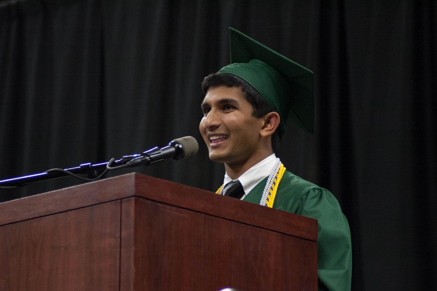 Senior Class President Michael Moonjely 17 gives the Senior Address to his peers on May 27 at Carver-Hawkeye Arena.