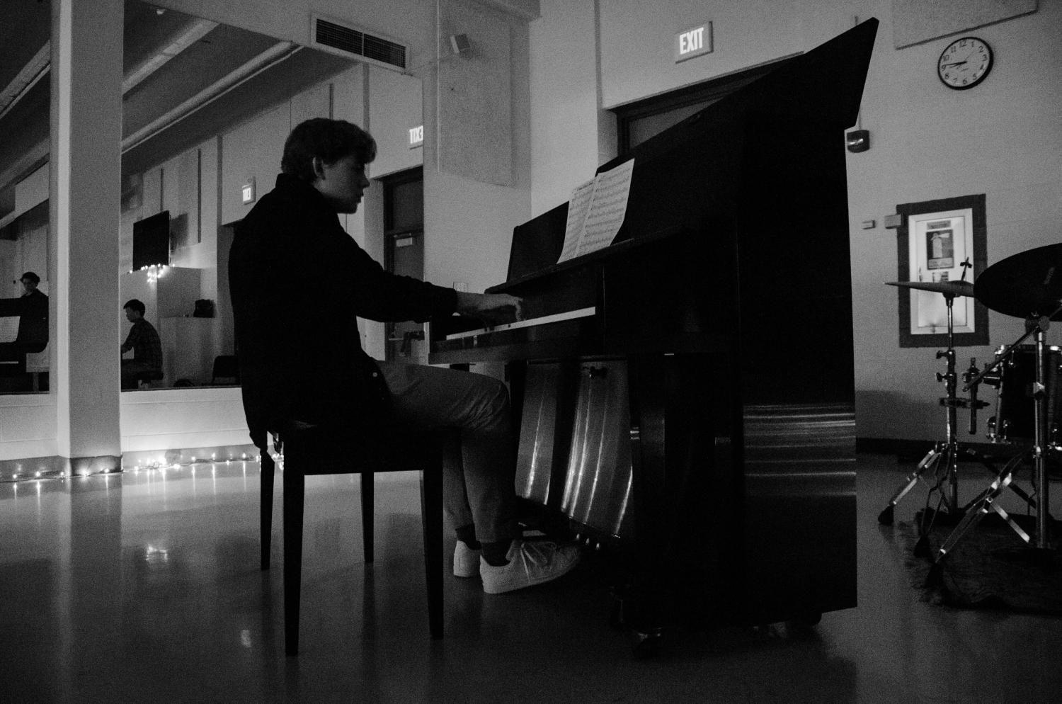 Ned Furlong '17 plays "Wheel Within a Wheel" by Bobby Watson for the Music Playathon in the West High Cafeteria on May 20. 