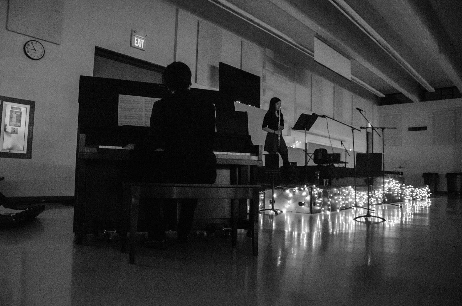 Amy Yan 17 and Thomas Duong 19 perform Eric Ewazens Sonata No.1 for the fundraising Music Playathon at West HIsh School on May 20.