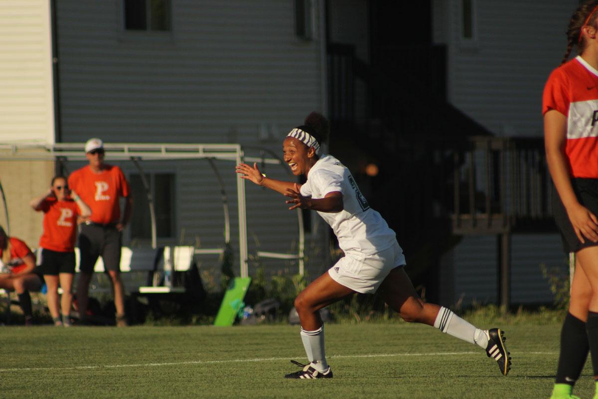 Leah Rhodes '17 celebrates after she scored the first goal of the game in the last 30 seconds of the first half. 