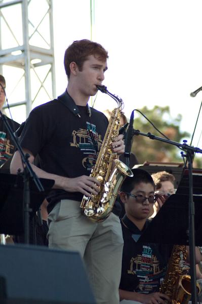 Chad Johnson 18 plays a solo on the Main Stage at the Iowa City Jazz Festival with the United Jazz Ensemble on June 30.