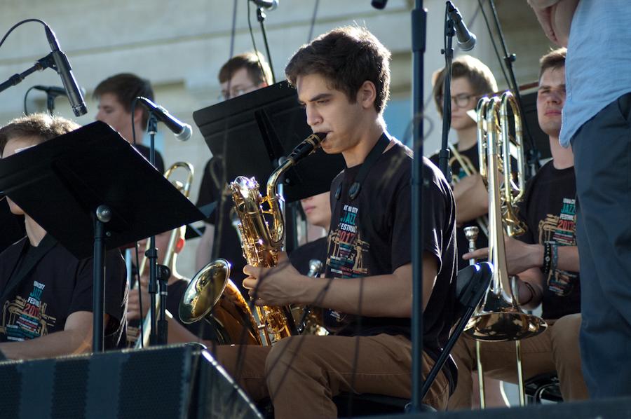 Nick Stilwell 19 performs on the Main Stage of the Iowa City Jazz Festival as a part of the United Jazz Ensemble on June 30.