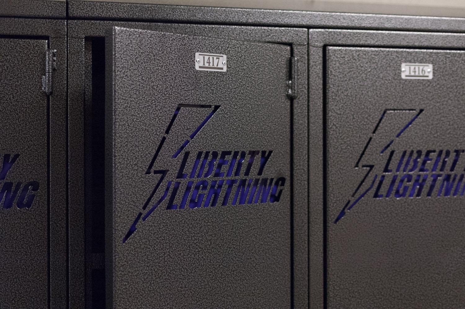 The+new+lockers+at+Liberty+High+are+personalized+with+the+Bolts+logo.