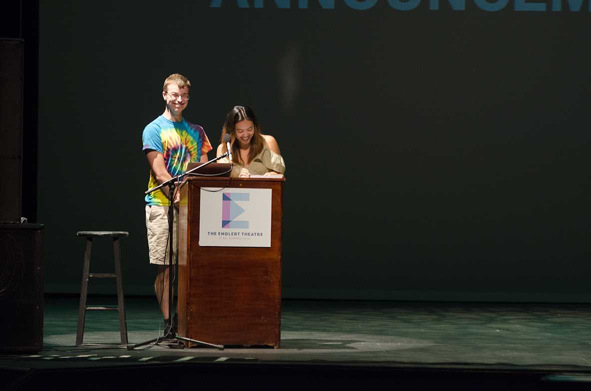 University of Iowa students share announcements at the beginning of class for the Green Room at the Englert Theatre on Aug. 28. The series gives students an opportunity to lead discussions and pose questions for community members and students alike to ponder for the following class.