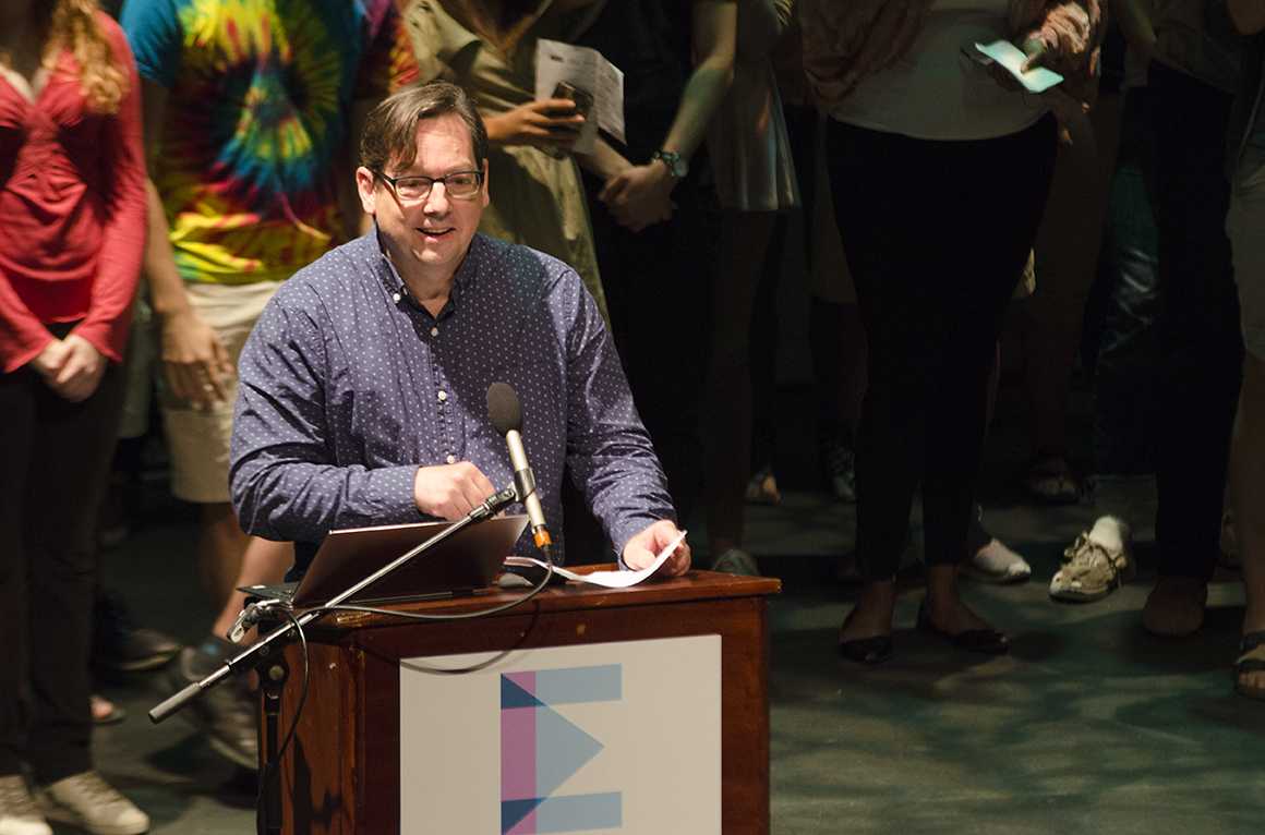 Green Room teacher David Gould speaks at the first lecture on Aug. 28 at the Englert Theatre.