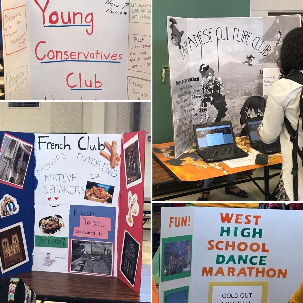 Tri-fold displays from japanese culture club, young conservatives club, french club and west high school dance marathon.