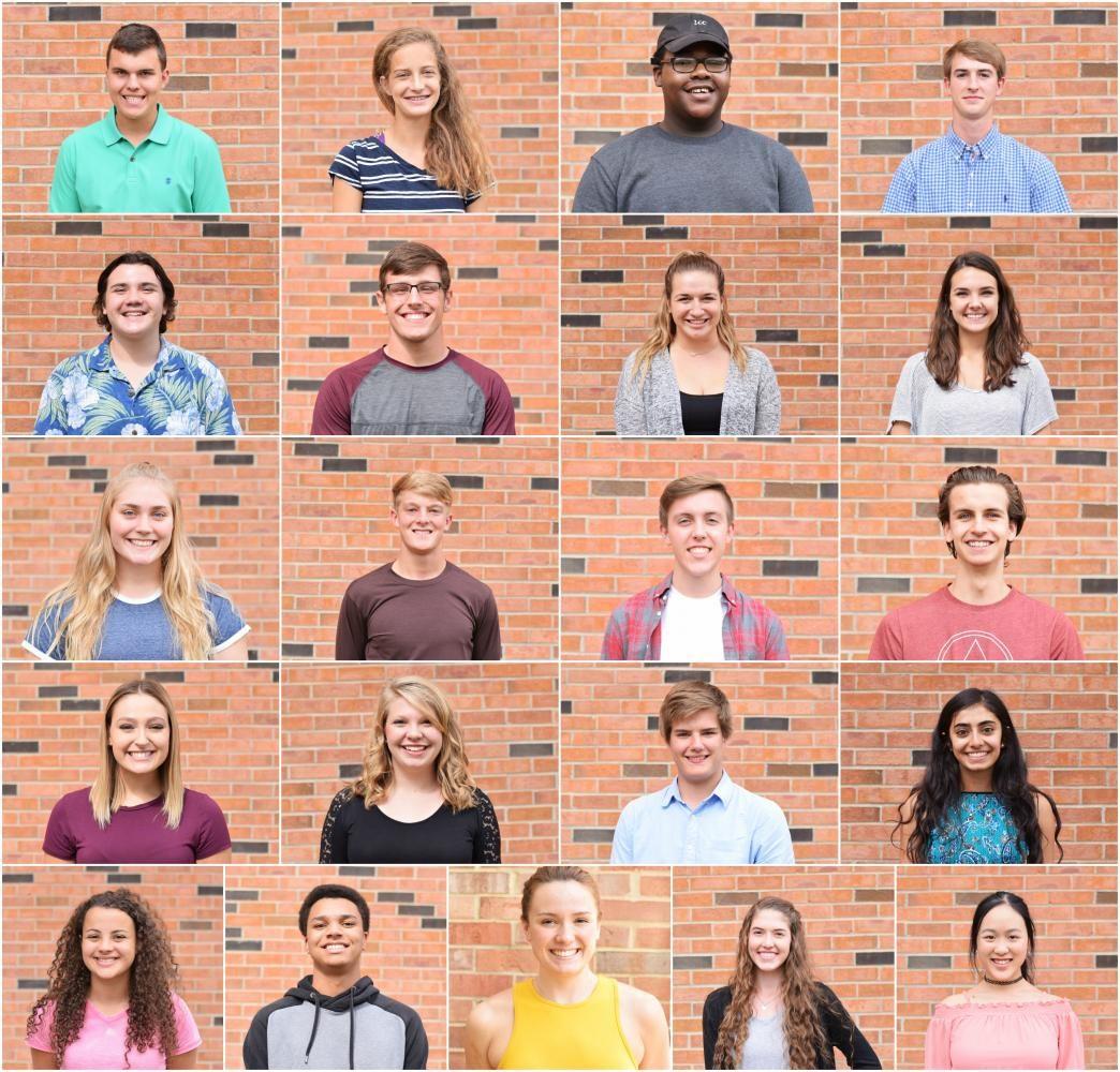 1st row, left to right: Brad DiLeo, Bailey Nock, Damarius Levi, and Connor Greer. 2nd row, left to right: Michael Duffy, Joe Briddle, Brianna Faulkner, and Julia Austin. 3rd row, left to right: Colby Greene, Evan Flitz, Joseph Verry, and Daniel Burgess. 4th row, left to right: Pieper Stence, Heidi Vogts, Brandon Burkhardt, and Khushi Kapoor. 5th row, left to right: Rachel Saunders, RJ Duncan, Ruby Martin, Sasha Tyler, and Annie Chen. Not pictured: Traevis Buchanan, Nathan Dill, and Maliyah Halverson.
