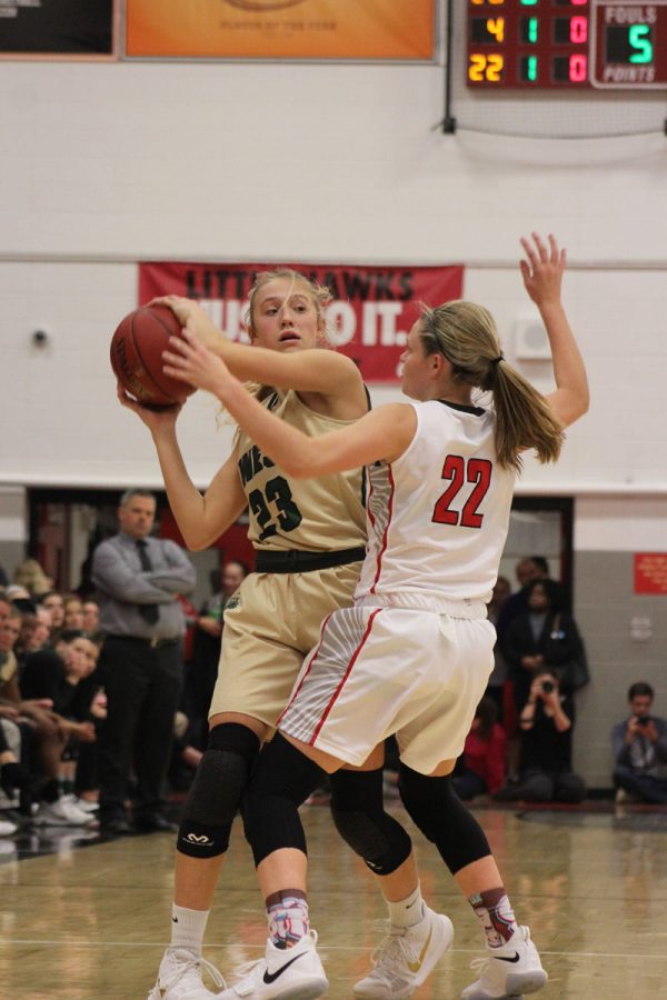 Audrey Koch '21 protects the ball from City's 	Paige Rocca '20 on Tuesday, Dec. 12.