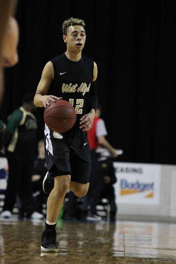 Jake Anderson '18 brings the ball down the court during the first half of the game on Saturday, Jan. 20.