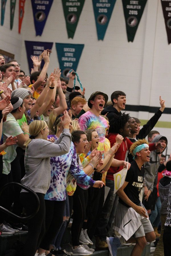 The student section reacts after Logan Cook '18 scored in the last seconds of the second quarter making West take the lead 31-30 going into halftime on Friday, Jan. 26.