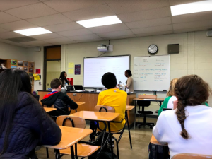 Eman Elsheikh 18 and Xena Makky 18 teach Arabic to the group on the planned MLK day on Jan. 12, 2018.