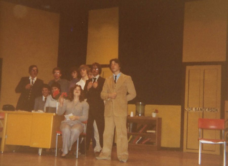 Stage crew for Harvey, fall 1982: (Back) Phil Lewis, ’84; Wes Overton, ’83; Ronda Conner, ’84; Greg Koenighain, ’84; Pat Bream, ’85; Ron Bream, ’83; and Brett Schuchert, ’85. (Front) Doug Hanson, ’83; Candas Bowling, ’85; and Dawn Marshall, ’84.