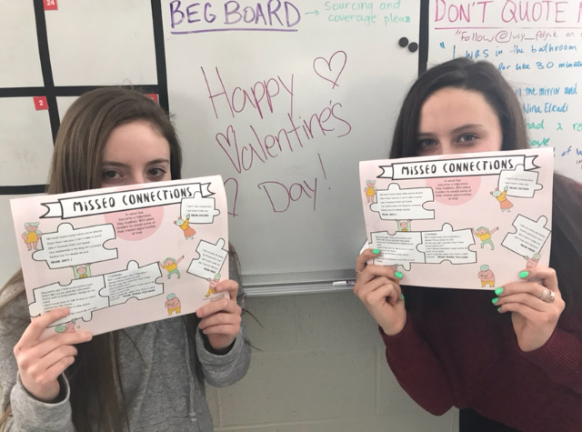 Jessica Doyle 19 and Natalie Dunlap 20 discuss the history of Valentines day.