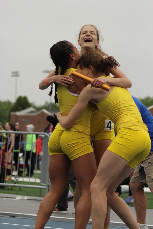 Bailey Nock '18, Kitra Bell '18 and Valerie Welch '17 celebrate after winning the 4A state distance medley relay. The group won with a time of 4:03.21, setting a new school record and running the eight best time in the history of Iowa girls track and field. Nock ran the last leg of the race and when asked what was going through her head as she passed the finish line, she said, “It was like a switch had flipped. I didn't even think about celebrating until I had crossed the finish line. The second it happened it was one of the best feelings ever. I had been so nervous leading up to it and when I finished and my teammates ran onto the track hugging me, all I could think was that we had actually done it. [It] was pure happiness.”