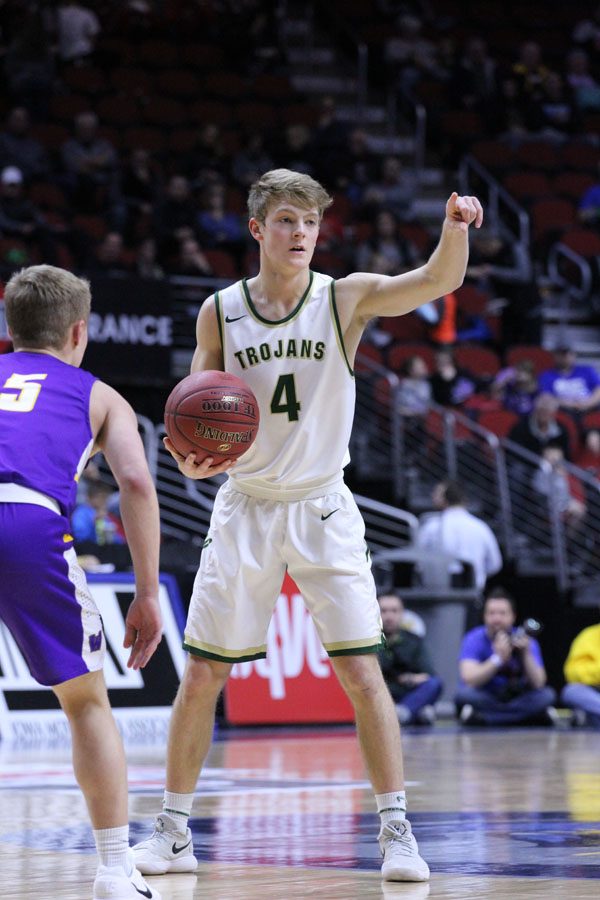 Evan Flitz '18 calls out what play to run during the first half of the game on Thursday, March 8.