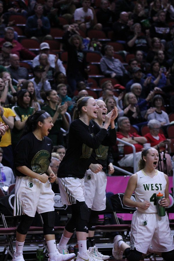 The bench celebrates during the second half of the game on Thursday, March 1.