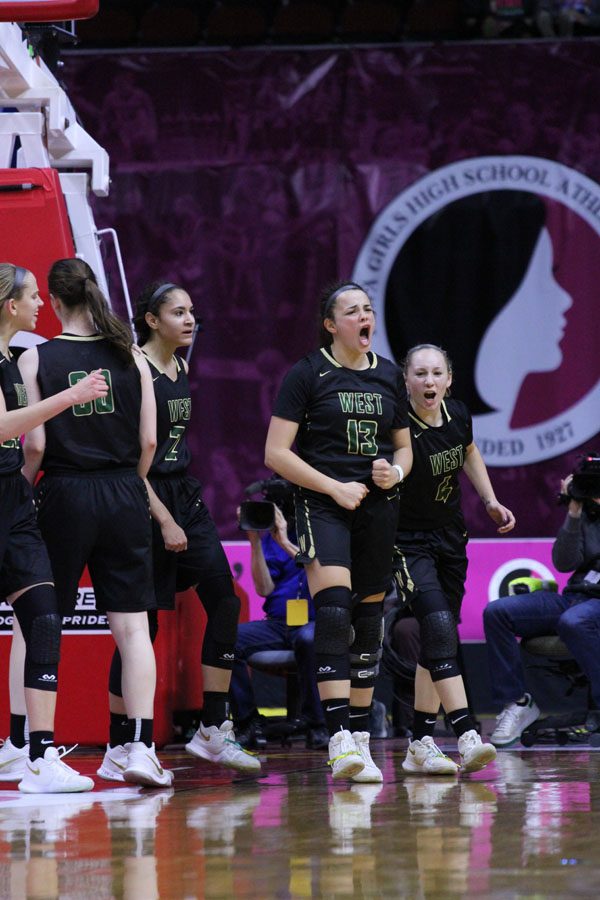 Rachael Saunders '18 celebrates after West got the ball back during the first half of the game on Fri., March 2.