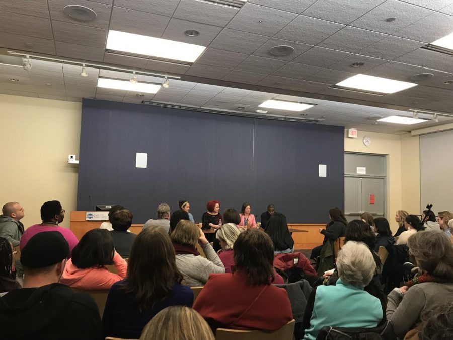 University of Iowa College of Education Assistant Professor Leslie Locke speaks on the efforts to attract diverse students to pursue a degree in education on Mon., April 2.
Panelists from left to right: Maya Durham, Nikole Hannah-Jones, Leslie Locke and Kinsley Botchway.