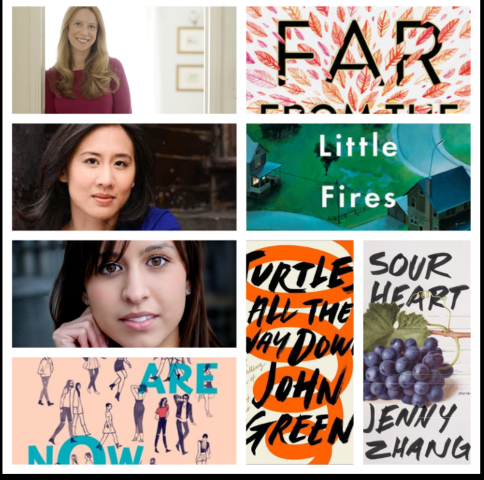 From left to right, first row to third: Author Robin Benway with the cover for Far from the Tree, Celeste Ng with Little Fires Everywhere and Jasmine Warga and the book covers for Here We Are Now, Turtles All the Way Down by John Green and Sour Heart by Jenny Zhang.