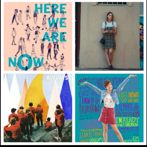 From left to right, upper row to bottom: the official cover for Jasmine Wargas Here We Are Now, a still from Lady Bird, the cover for Alvvays Antisocialites album and a promotional image for Andi Mack. 