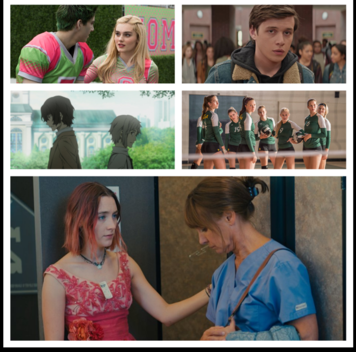 From left to right, first row to third: Stills from Z-O-M-B-I-E-S, Love, Simon, Bungo Stray Dogs: Dead Apple, a promotional image from The Miracle Season and a still from Lady Bird.