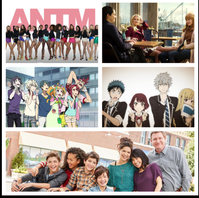 From left to right, first to third row: Promotional images from Americas Next Top Model, Cycle 24, Big Little Lies, screenshots from Kiznaiver and Yamada-kun and the Seven Witches and a promotional image of Andi Mack.