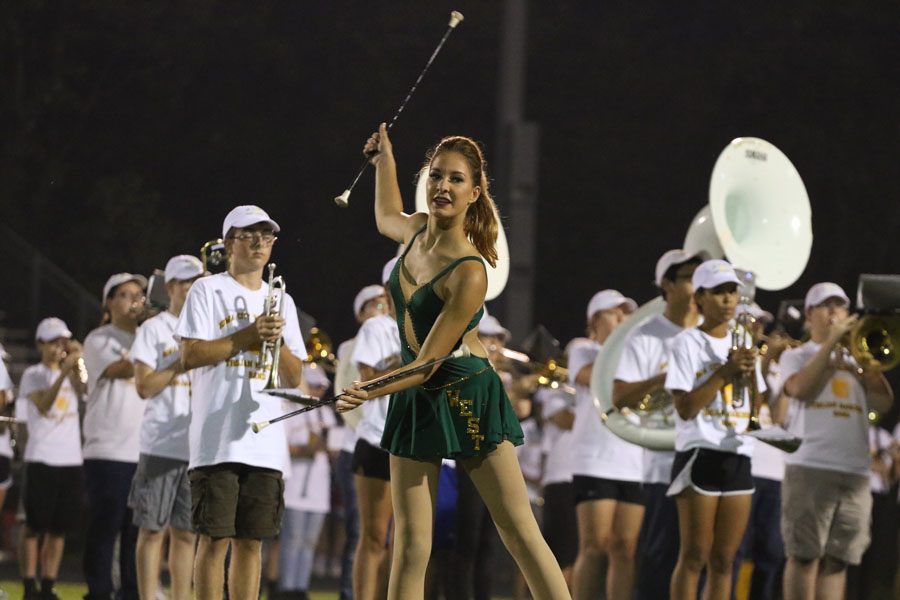 Lizzy Slade '21 performs with the marching band during halftime on Friday, Aug. 24.