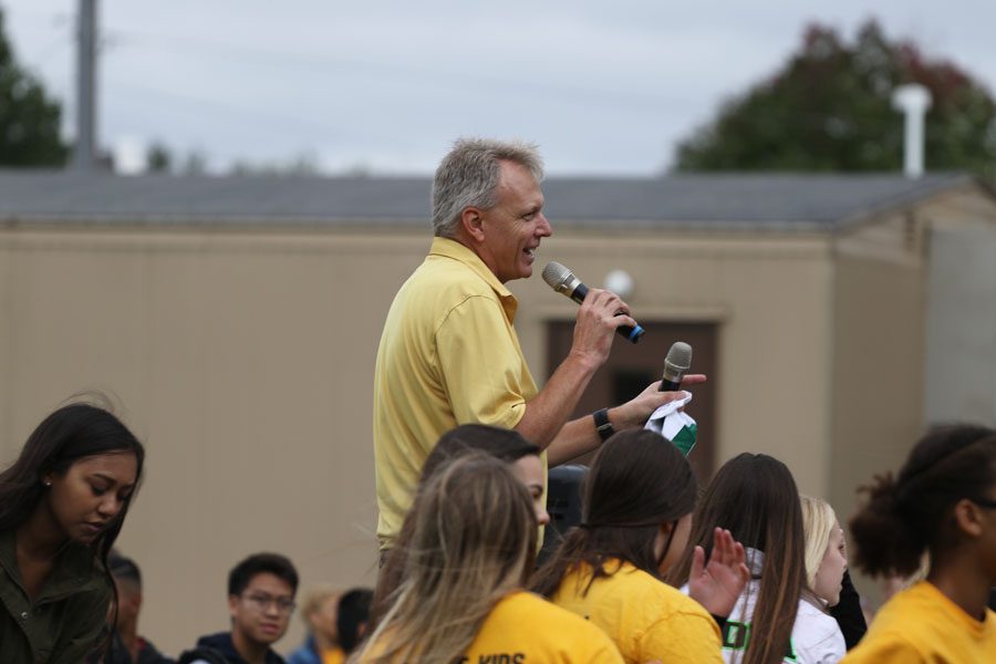 Principal Gregg Shoultz introduces WHSDM during the assembly on Friday, Sept. 21.