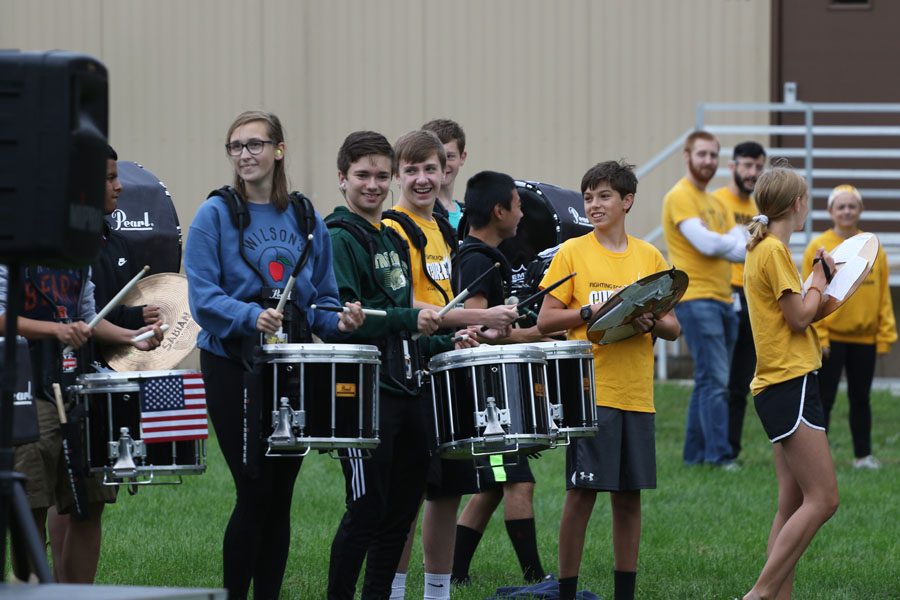 The drum line plays during the end of the assembly on Friday, Sept. 21.