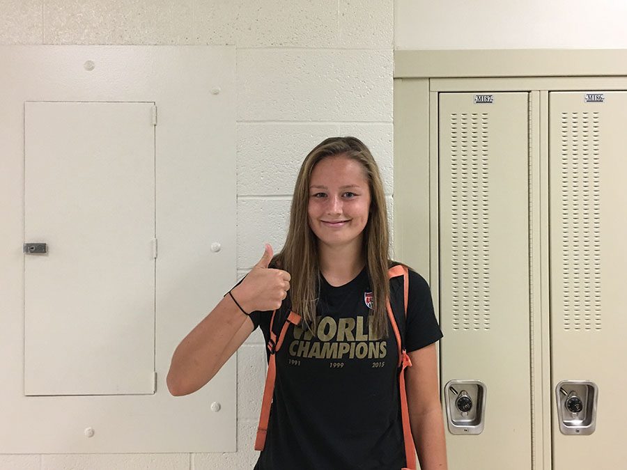 Rachel Olson 19 gives a thumbs-up as she poses for a photo on Monday, Sept. 24.