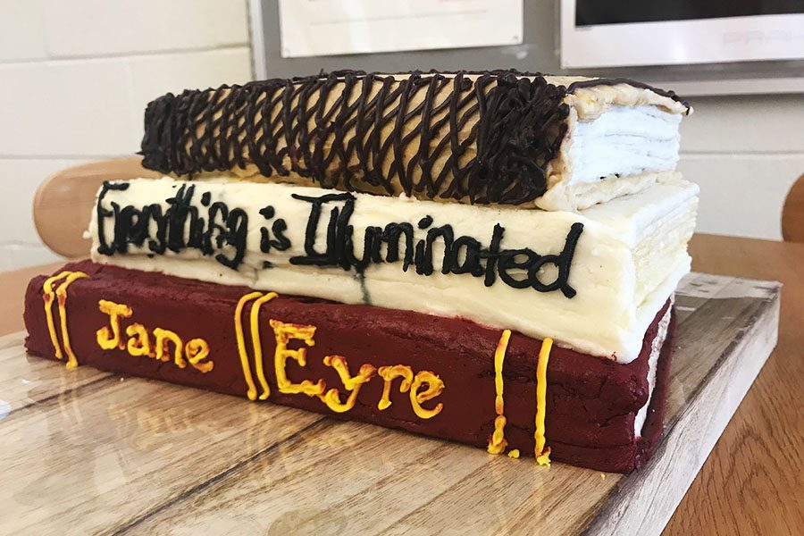 Kerri Barnhouses cake is made up of some of her favorite books, Jane Eyre, Everything is Illuminated and Frankenstein.
