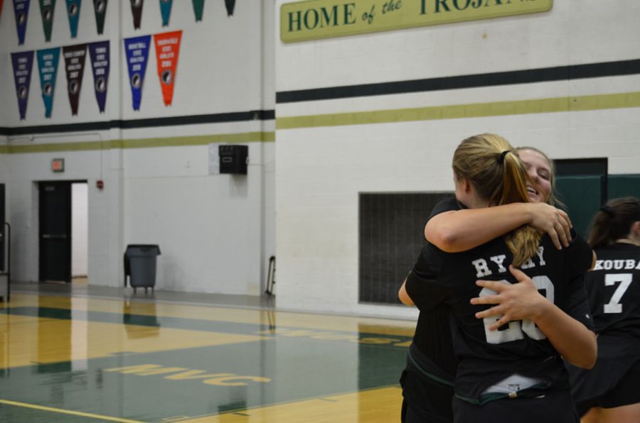 Ryann Culver '21 gives Haley Gallagher '19 a hug before returning to the team on Tuesday, Oct. 9.