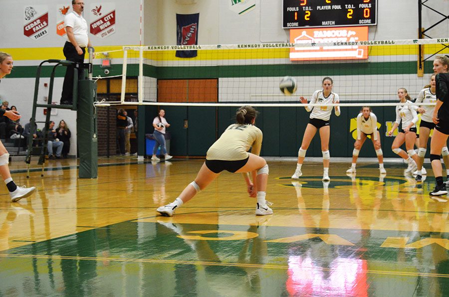 Katherine Kouba '22 dives for the ball after a serve by Kennedy on Wednesday, Oct. 17.