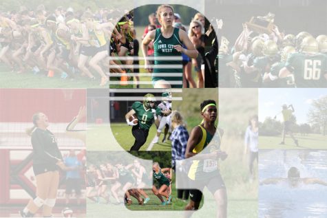Photos from fall sports are collaged together to form a microphone in the middle. 