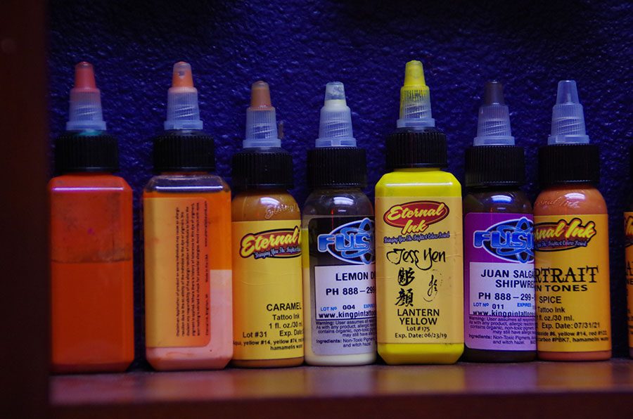 Several different inks are on display at Indigo Body Art Gallery in Coralville. 