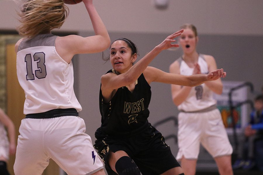 Cailyn Morgan '19 tries to steal the ball as Liberty's Sam McPherson '20 protects it during the first quarter on Friday, Jan. 25.