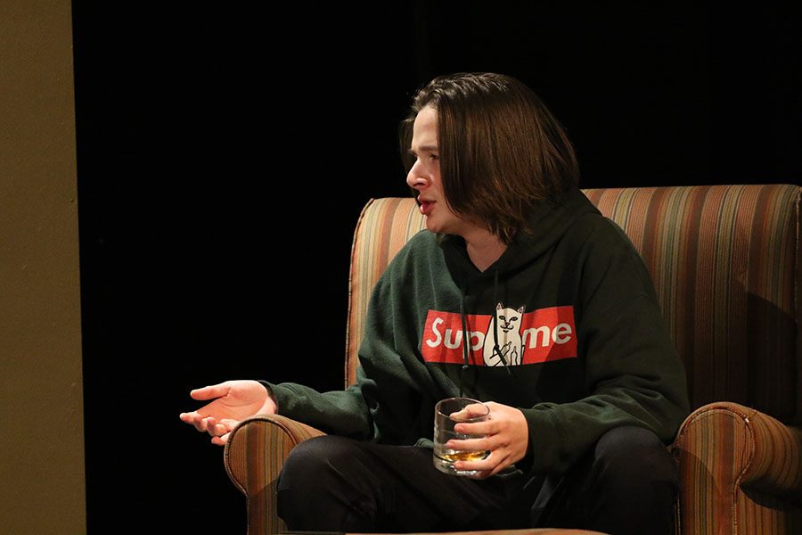Cyrus Yoder 20 talks to Sean Harken 21 during a scene in the drama play The end summer on Thursday, Jan. 10.