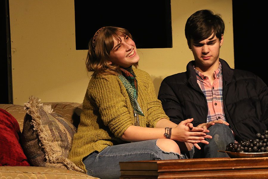 Erin-Leigh Moses '20 plays (NAME) with her scene partner Ronan Smith '20 during the comedy play "It's not you, it's me" on Thursday, Jan. 10.