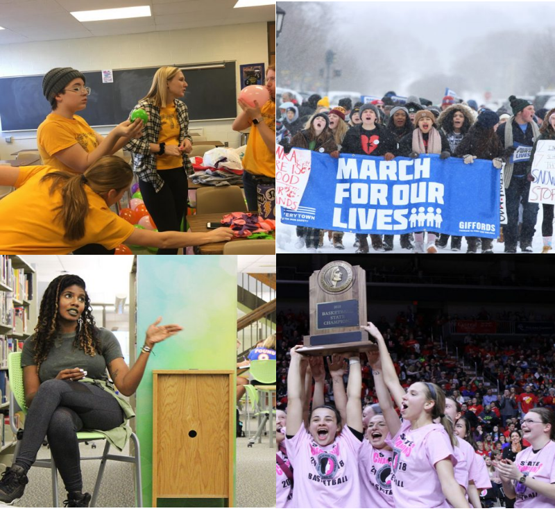 From top to bottom, left to right: WHSDM set up for their big event on MLK Day; Nic Stone, author of Dear Martin answers students questions in the West High library; members of SASS lead the way in Iowa Citys March for Our Lives; The girls basketball team celebrates their championship win at the Wells Fargo Arena.