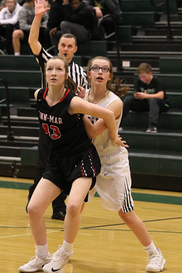 Linnea Rietz 22 tries to get around Linn-Mars Taylor Weber 22 during the second half after Wests 	Katelynn Hillberry 20 shot a free throw on Saturday, Feb. 16.