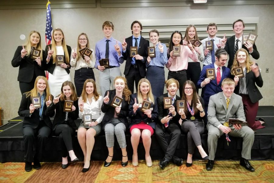 West BPA members pose with their first-place plaques following the awards ceremony at the State Leadership Conference on February 19.